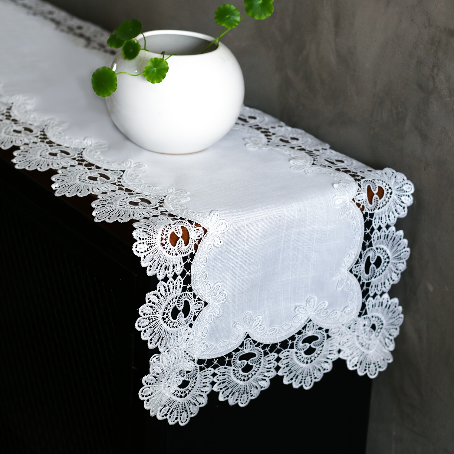 Image of Elegant And Versatile White Lace Table Runner - Classic & Modern & Minimalist - Perfect For Parties, Weddings, And Christmas - Ideal For Dining Tables, Coffee Tables, And Dressers