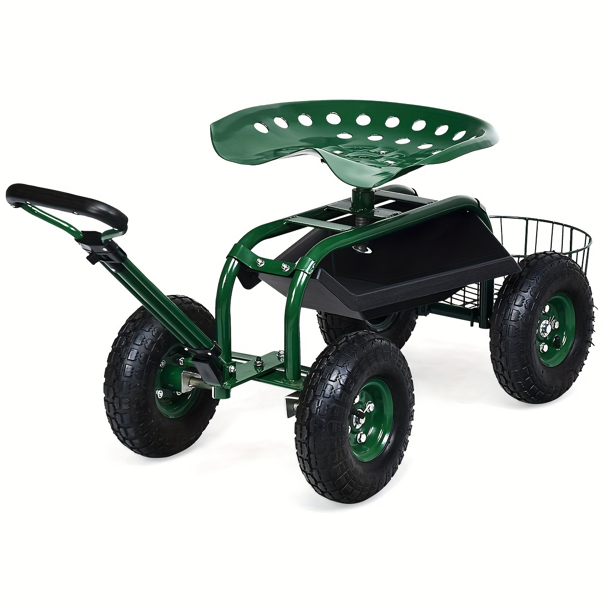 

1pc Garden Cart Patio Wagon Roll Work Seat, W/tray Basket Extendable Handle