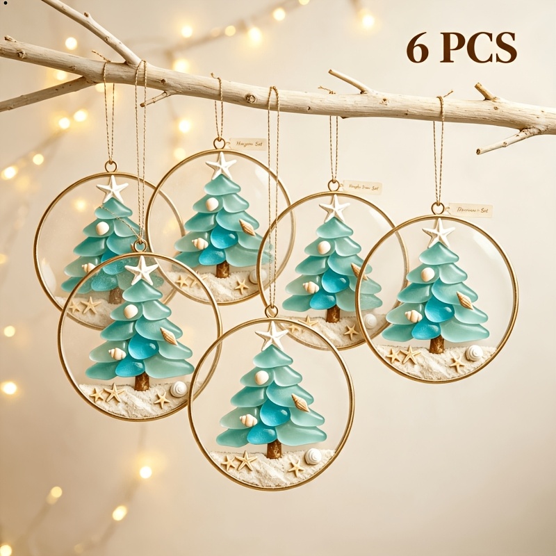TEMU 6pcs Christmas Tree Ornaments, Acrylic Style Charms With Mini Starfish And White Sand Filling, Coastal Beach Style Christmas Decor, Home Party
