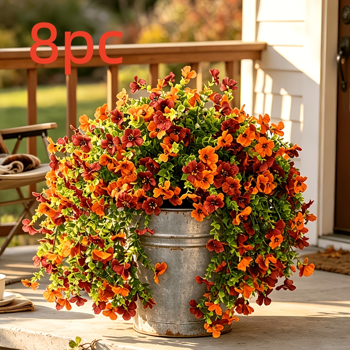 TEMU 2 Or 8 Pack Artificial Hanging Plants With Orange Flowers & Green Leaves In White Pot, Weather-resistant Indoor/outdoor Decor For Porch, Patio,