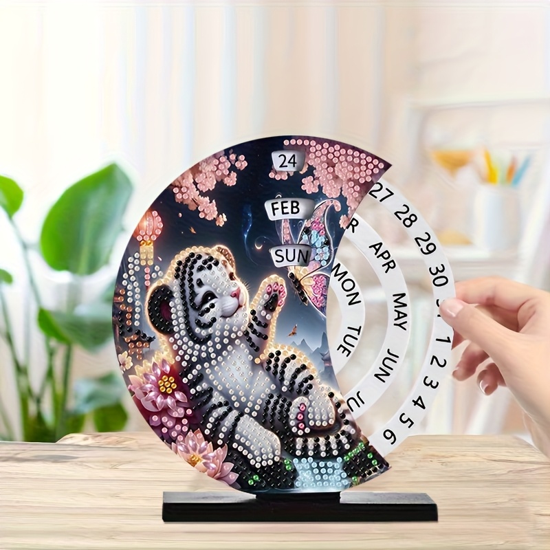 TEMU Diy Diamond Painting Rotating Calendar Set - Cute Tiger And , Special Shape Craft, Rotating Sun Moon Week And Reusable Calendar, Desktop