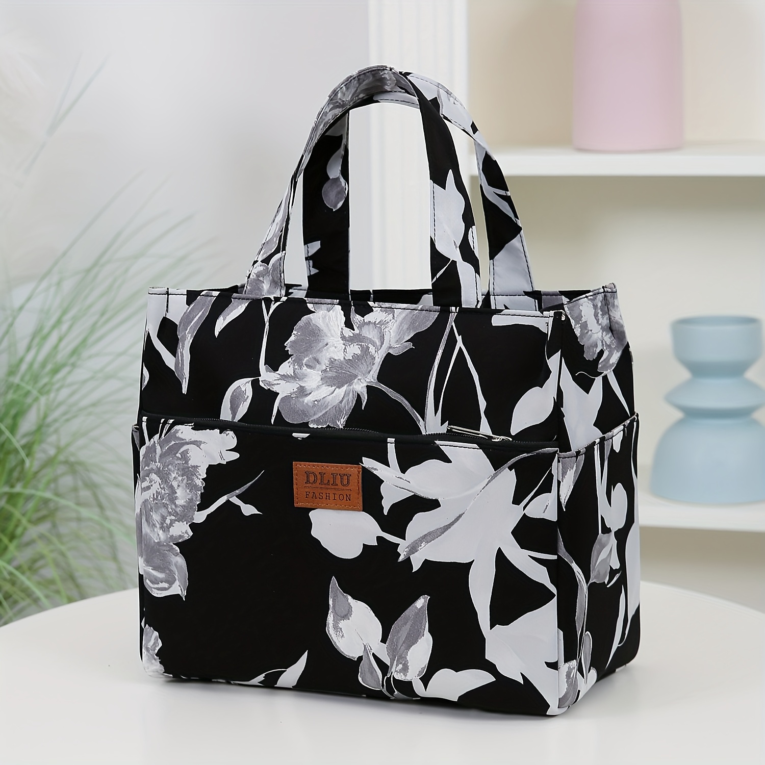 TEMU New Large-capacity Thick Fabric Tote Bag, Fashionable Minimalist Workwear Style With Zippered Semi-closed Design, Side Cup Holder + Front Zipper