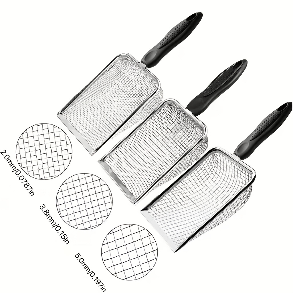 TEMU 3-pack Stainless Steel Cat Litter Scoops With 2.0mm/3.8mm/5.0mm Hole Sizes, Durable And Easy To Waste Shovel, Convenient For Cat Poop Cleaning,