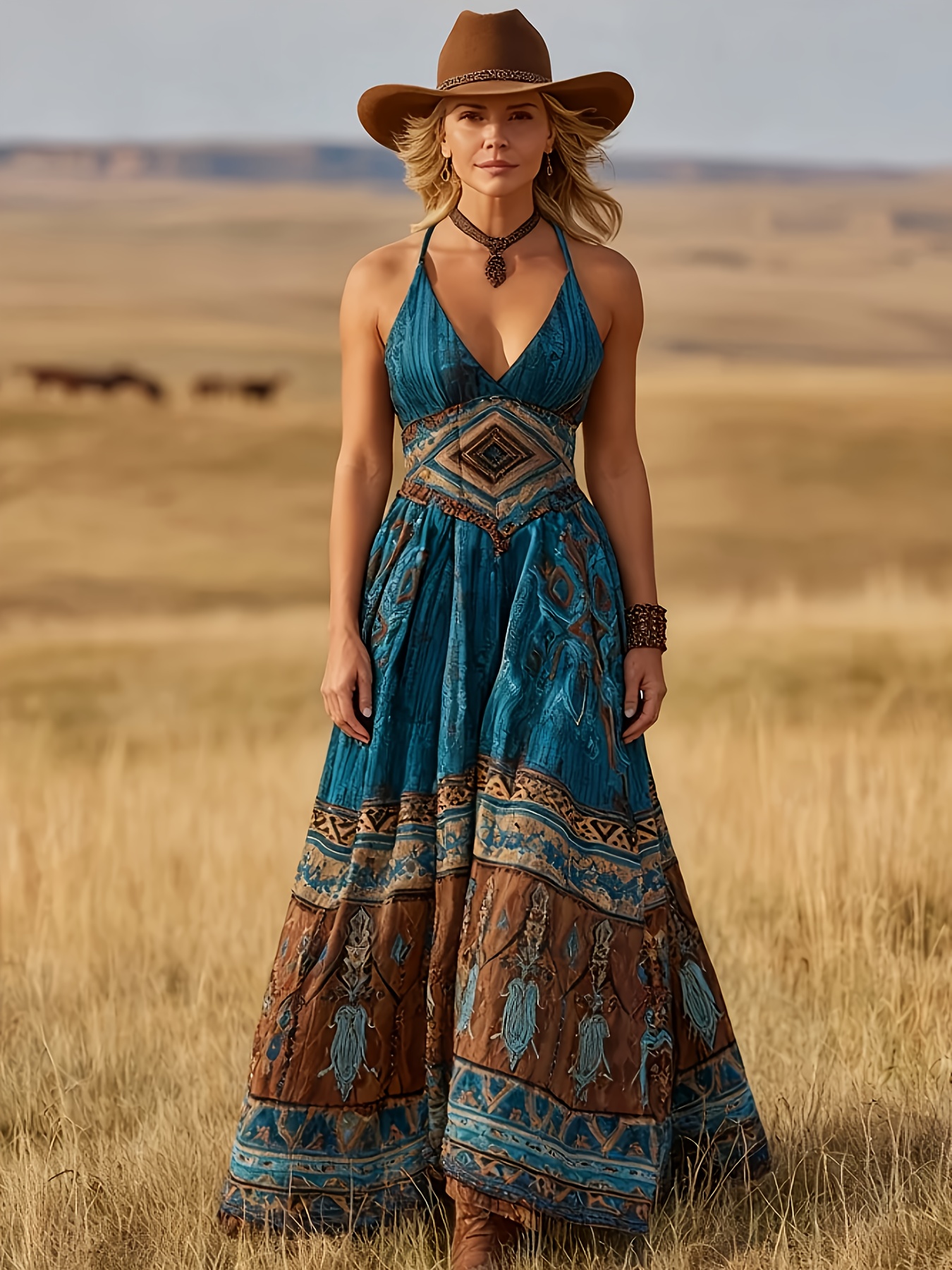 blue brown bohemian long dress western style camisole dress - Temu Spain