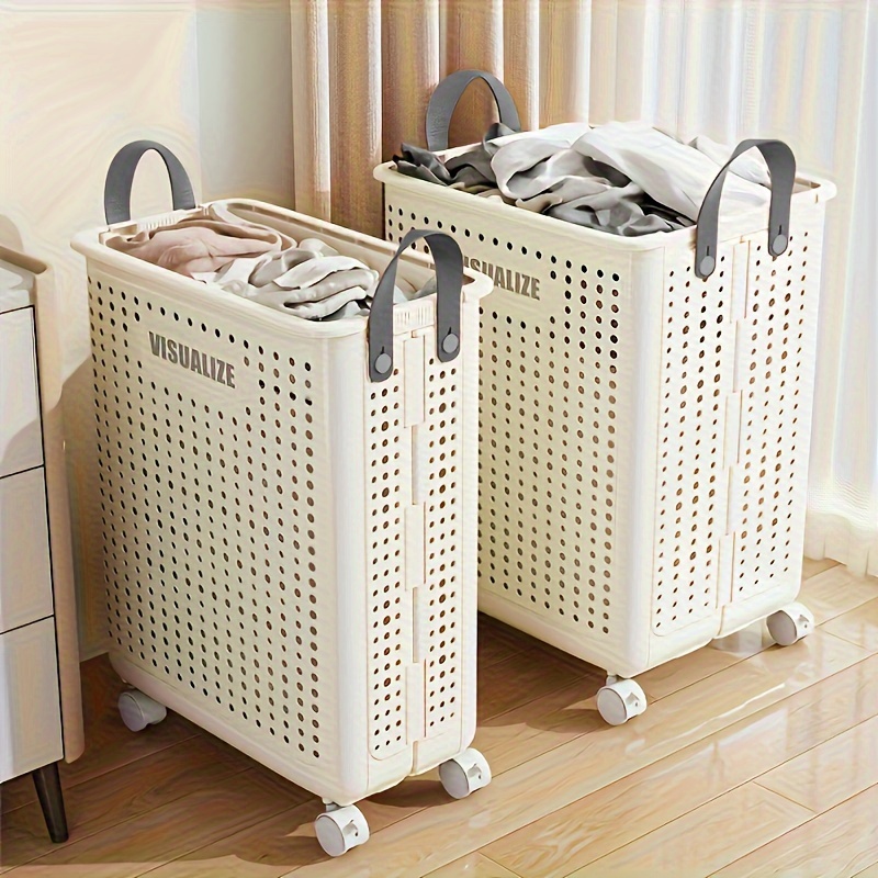 

Foldable Plastic Laundry Basket With Wheels - Durable Multi-purpose Storage Bin For Clothes And Sundries, Versatile Organizer For Bathroom, Bedroom & Home, Casual Style, Rectangle Shape