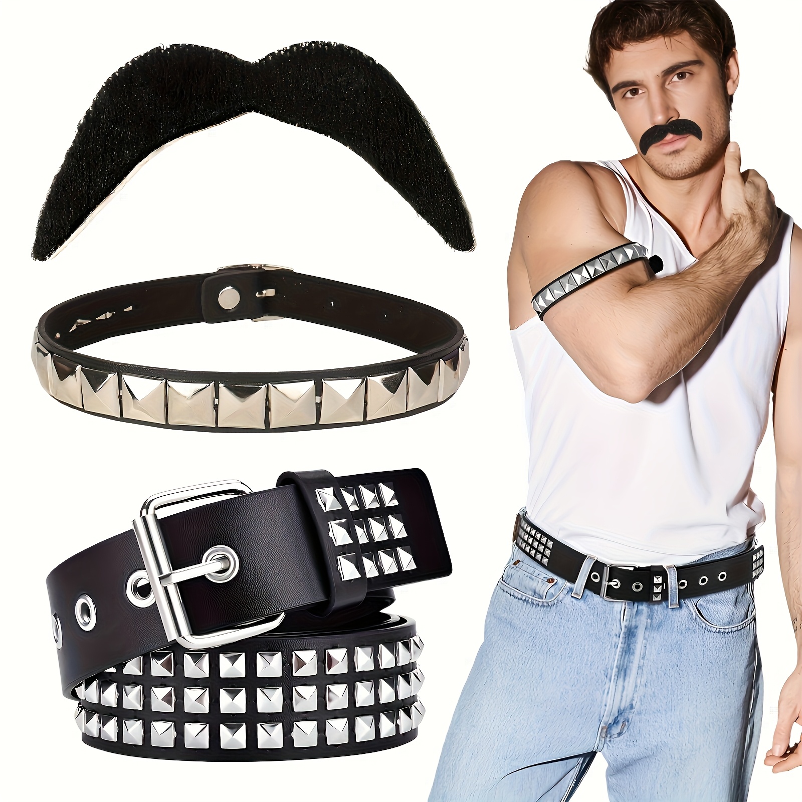 Punker Rockstar Kostüm Set 9-teilig – Inkl. Perücke, Bandana, Tattoo Sleeves, Handschuhe & Gitarre | 80er 90er Outfit