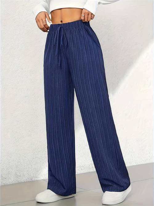 womens elegant straight leg trousers with tree grain wrinkle texture micro stretch fabric featuring a comfortable elastic waistband with drawstring detail and side slant pockets suitable for