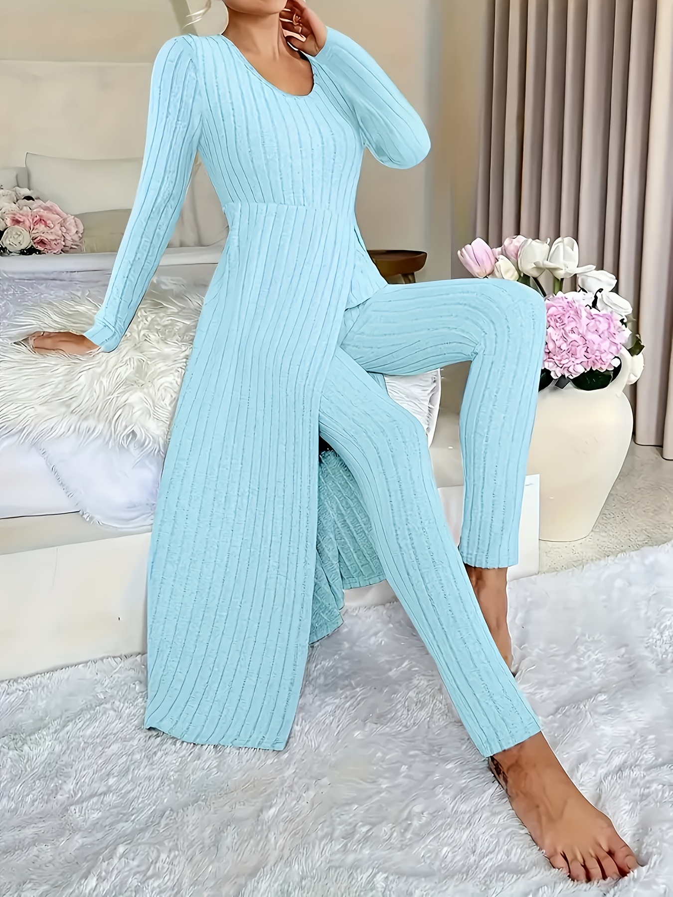 Autumn Winter Casual Robe Long Pants Set High Slit Dress Set