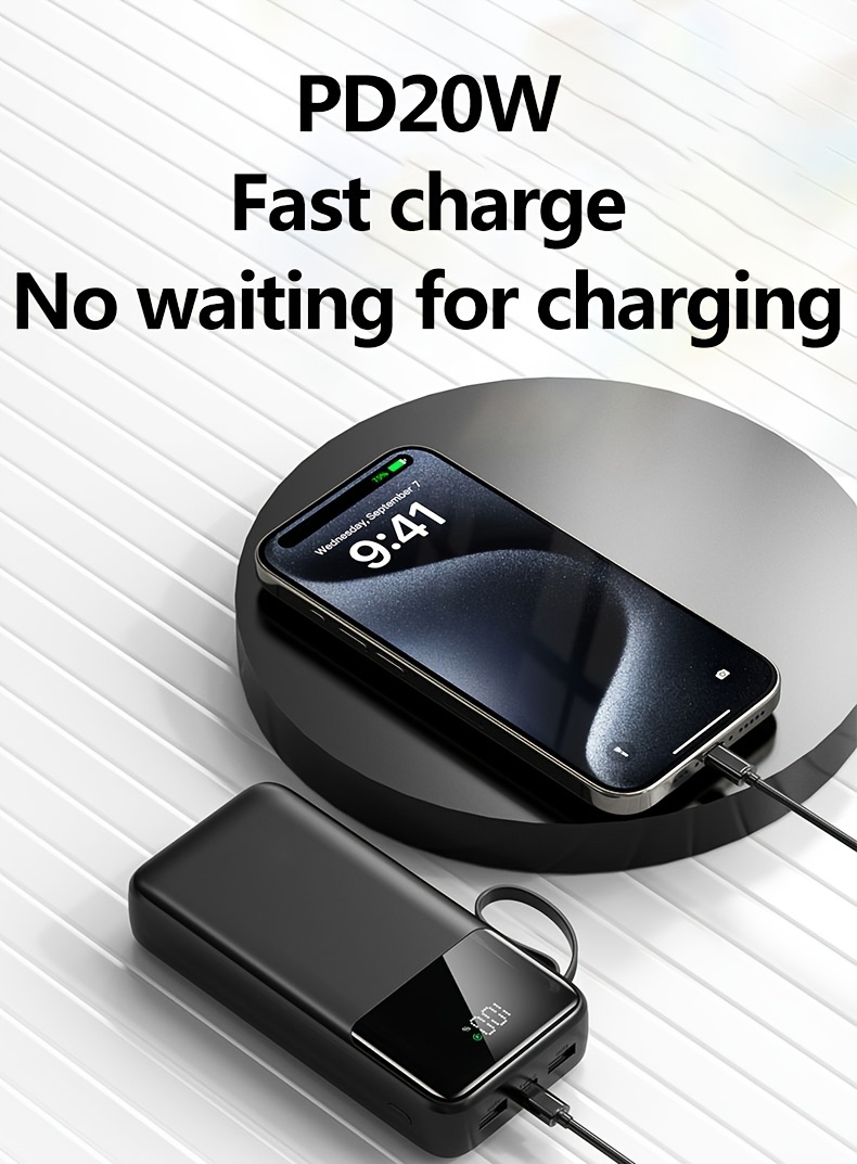 20000mAh Power Bank with LED Battery Display, Dual Outputs, Built-in Lanyard Compact Portable Charger for iPhone 15 Pro/14 Max /13 12 Devices Android (USB, Type-C), Outdoor Emergency Backup