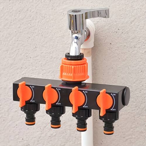 item picture 4 way garden hose splitter with 4 independent switches connector for outdoor watering systems leak proof design suitable for lawn garden and car wash sprinkler systems