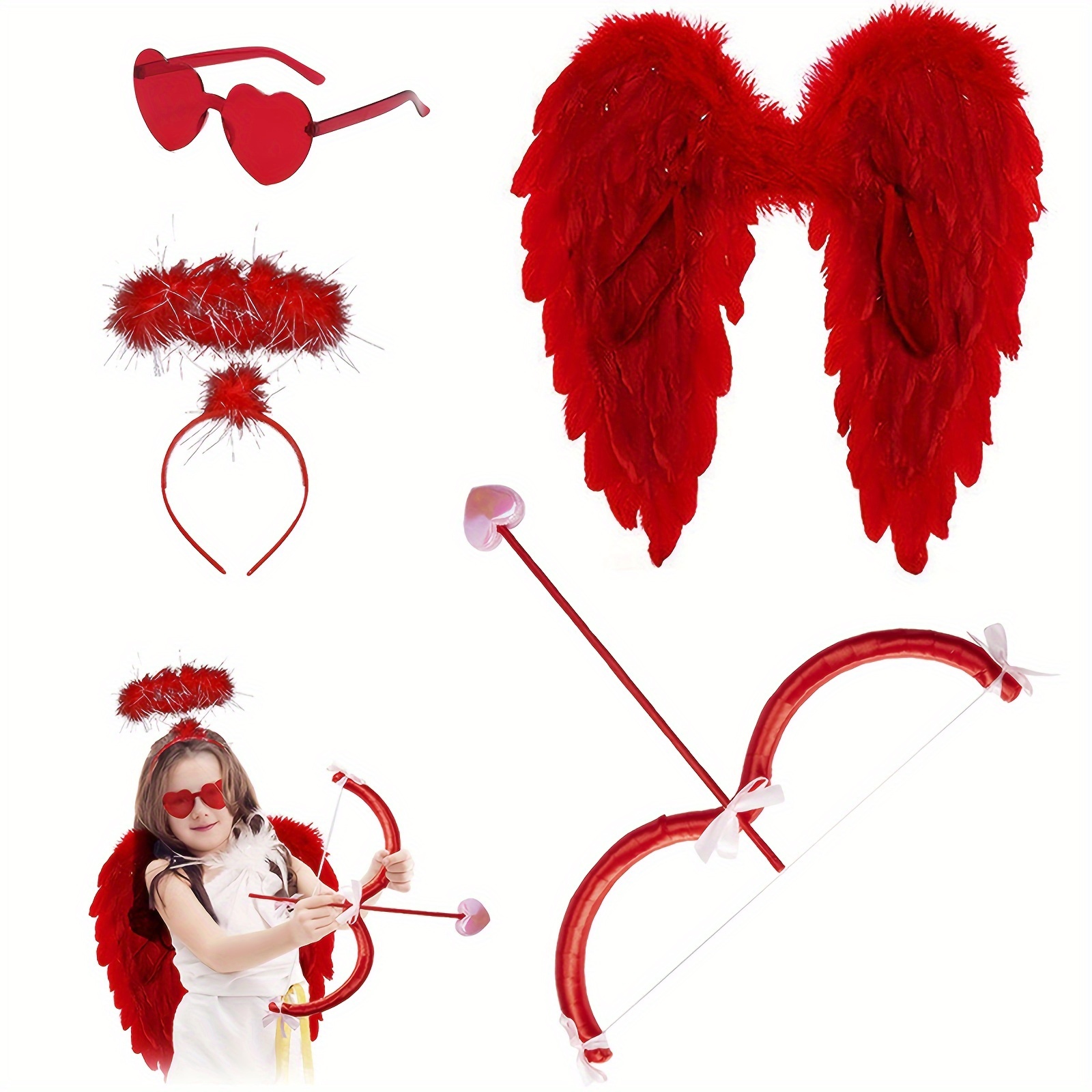 Cupido Arco Flecha Set-Día de San Valentín Cupido Rojo Disfraz Cosplay  Accesorios Accesorios Fotográficos Actuaciones de Fiesta de Halloween  Suministros para Adultos Niños