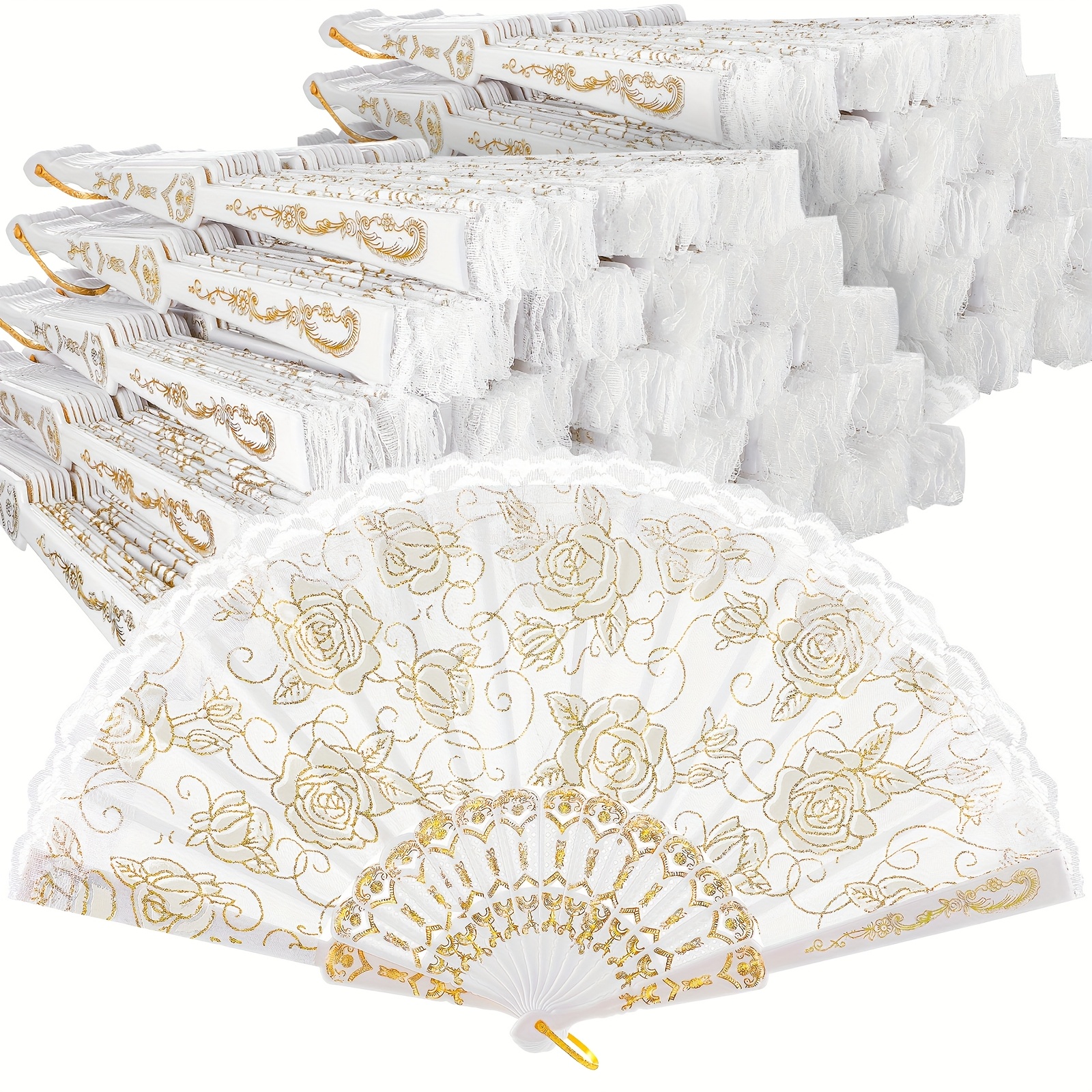 70pcs Lace Floral Hand Fans Retro Elegant Chinese Folding Fan White Vintage Bridal Handheld Dancing Fan Props For Wedding Party Church Ladies Girls Favors (golden)