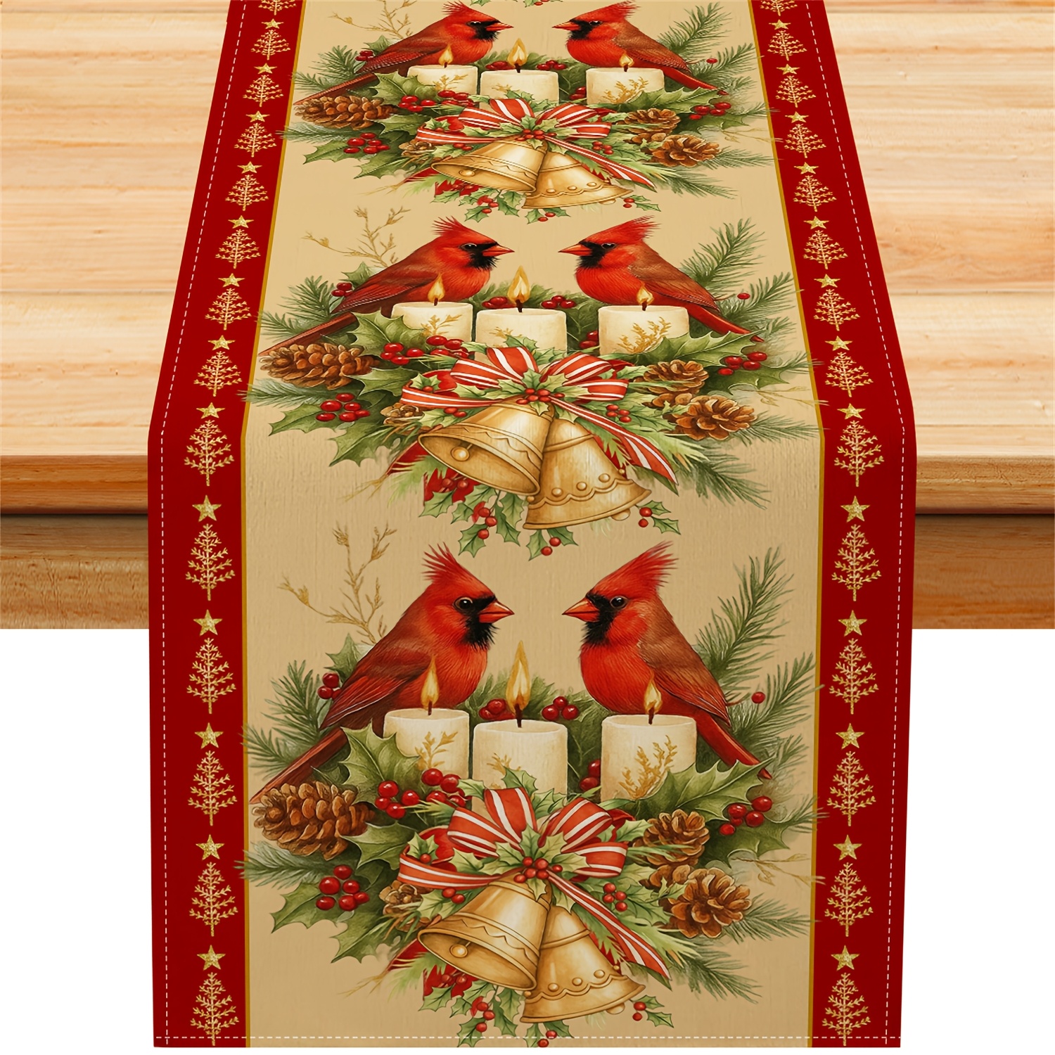 TEMU 1pc Bird With Bells, & Pine Branches Christmas Table Runner - Realistic Winter Holly , Fabric Suitable For Indoor/outdoor Holiday Dining Table