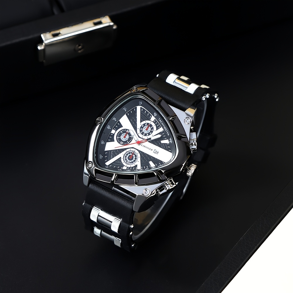 3pcs Set Men'S Quartz Watches with Silicone Strap & Date Display - Classic Triangular Dial, & Golden-Tone Case, Non-Rechargeable Battery, Casual & Sporty Wear