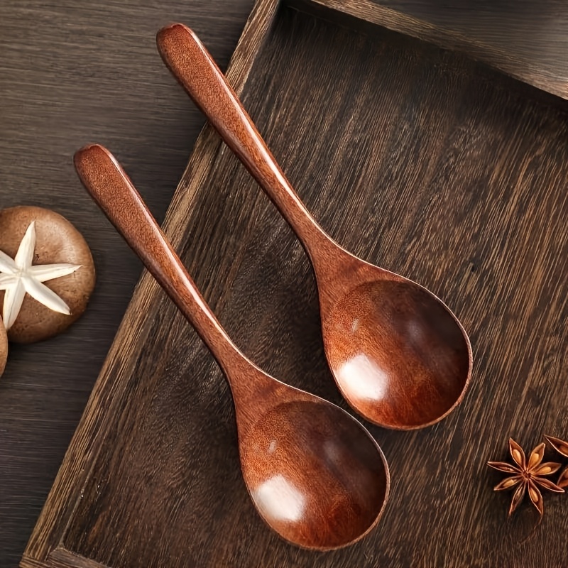TEMU 1pc/2pcs , Large Serving Spoon, Wooden Spoon, Soup Spoon - Durable Cooking Utensil, Suitable For Soup, Noodles, Stir-frying, Baking - Non-porous