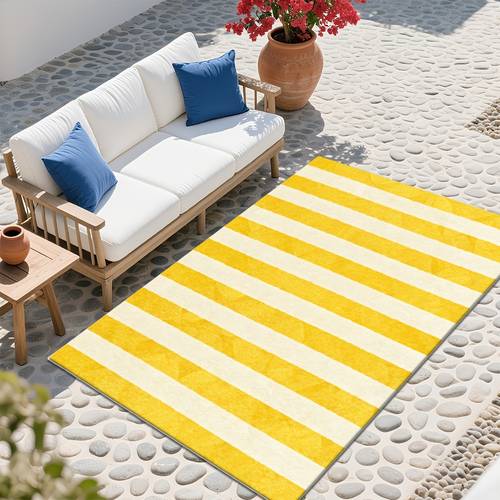 1pc of soft fleece rug featuring an embossed base designed with yellow and white vertical stripes it embodies minimalist aesthetic offering this versatile decorative piece is suitable for living rooms outdoor spaces