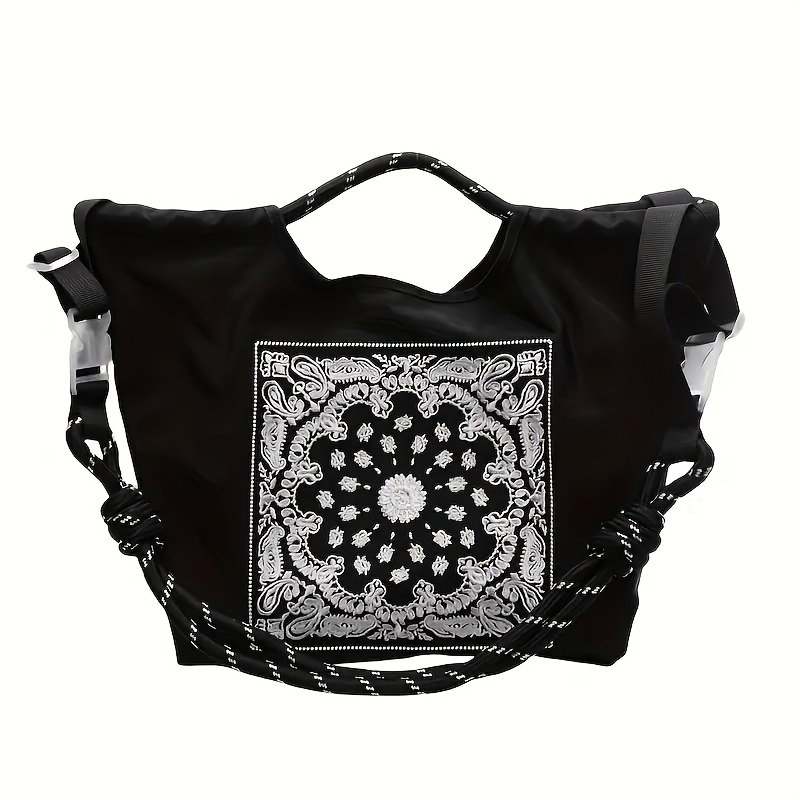 TEMU Chic Embroidered Drawstring Nylon Tote - Crossbody & Shoulder Bag For Women, Adjustable Strap, No Zipper, Work & Travel