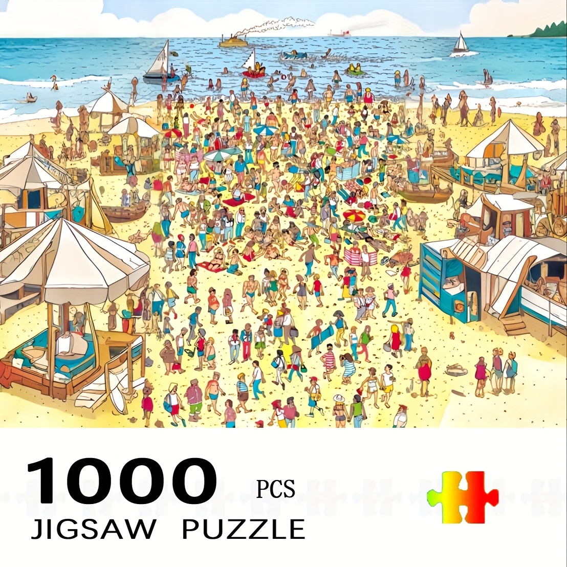 TEMU 1000pcs Large Jigsaw Puzzle - Challenging Beach Scene With Palm Trees, Sailboats, Umbrellas - Vibrant Tropical Beach Puzzle For Adults &