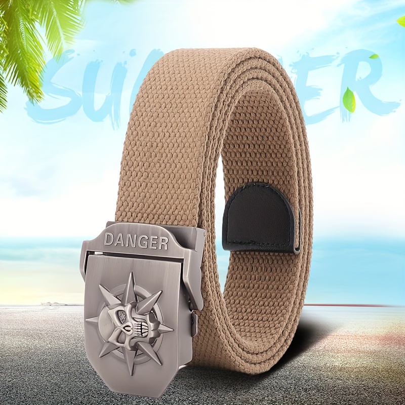 Mens Skull Emblem Canvas Belt with Automatic Buckle