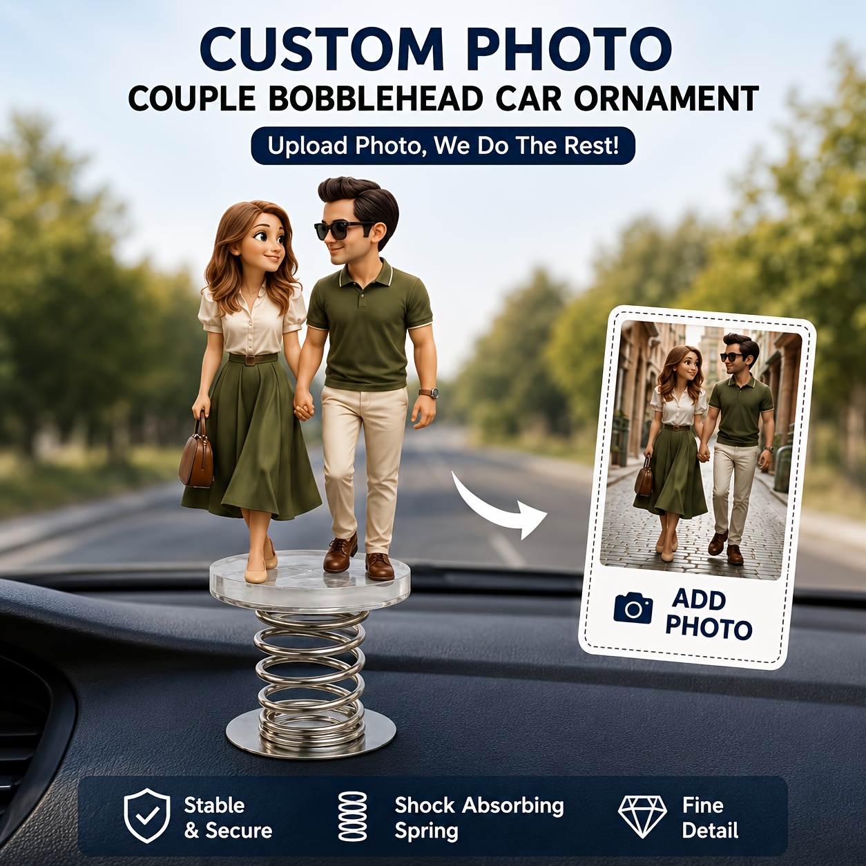 TEMU Ornement de voiture poupée hocheuse de tête photo de couple, figurine de dessin animé photo personnalisée, décoration de de bord avec base à