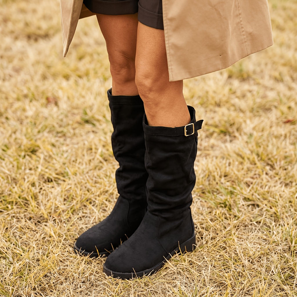 TEMU Bottes empilées plissées pour femmes, motif uni, bout rond, talon épais, bottes hautes, style rétro décontracté automne hiver, chaussures pour