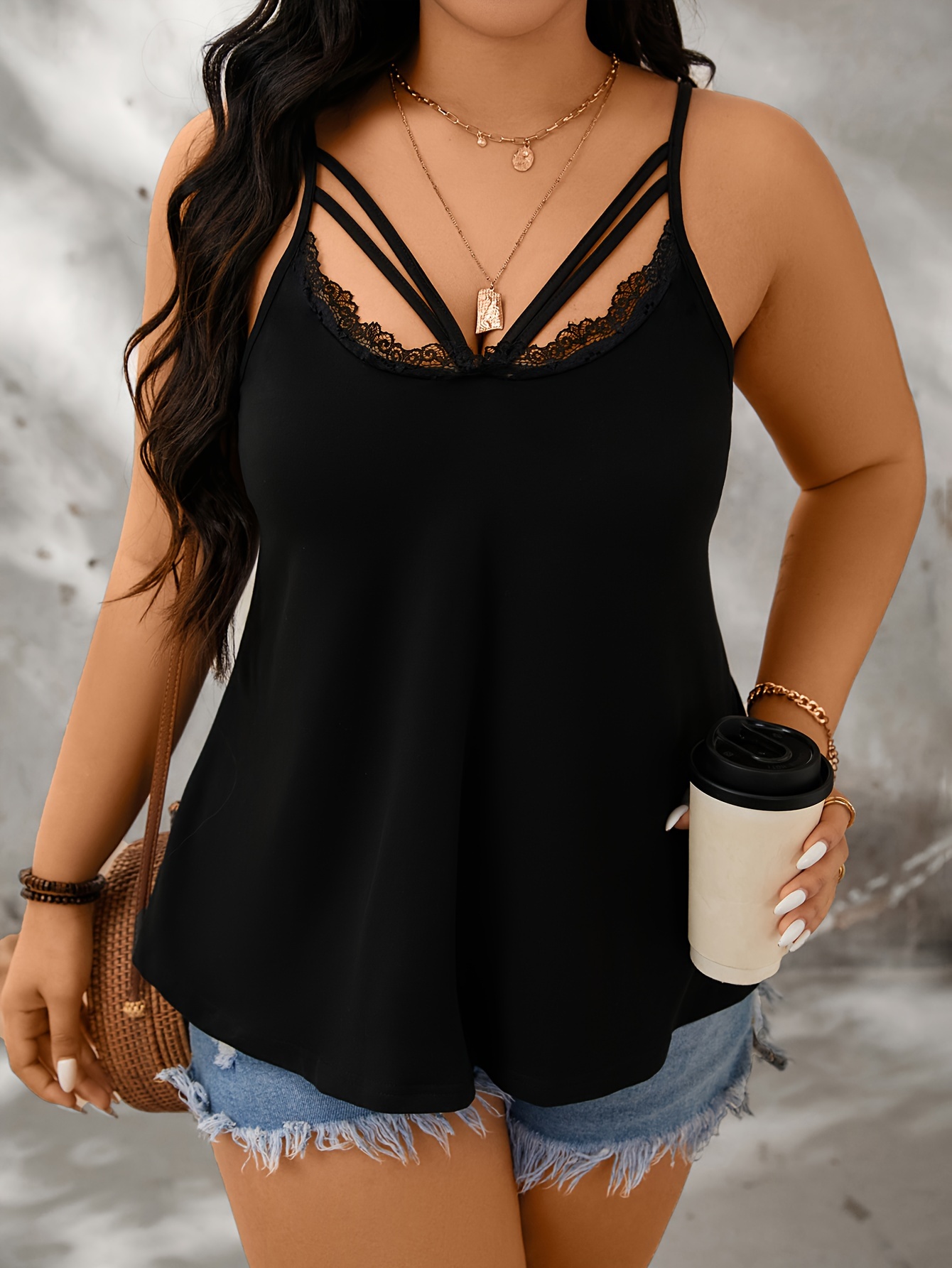 Plus Size Lace Trim Cami Top, Elegant Cut Out Sleeveless Top For Summer, Women'S Plus Size?Clothing