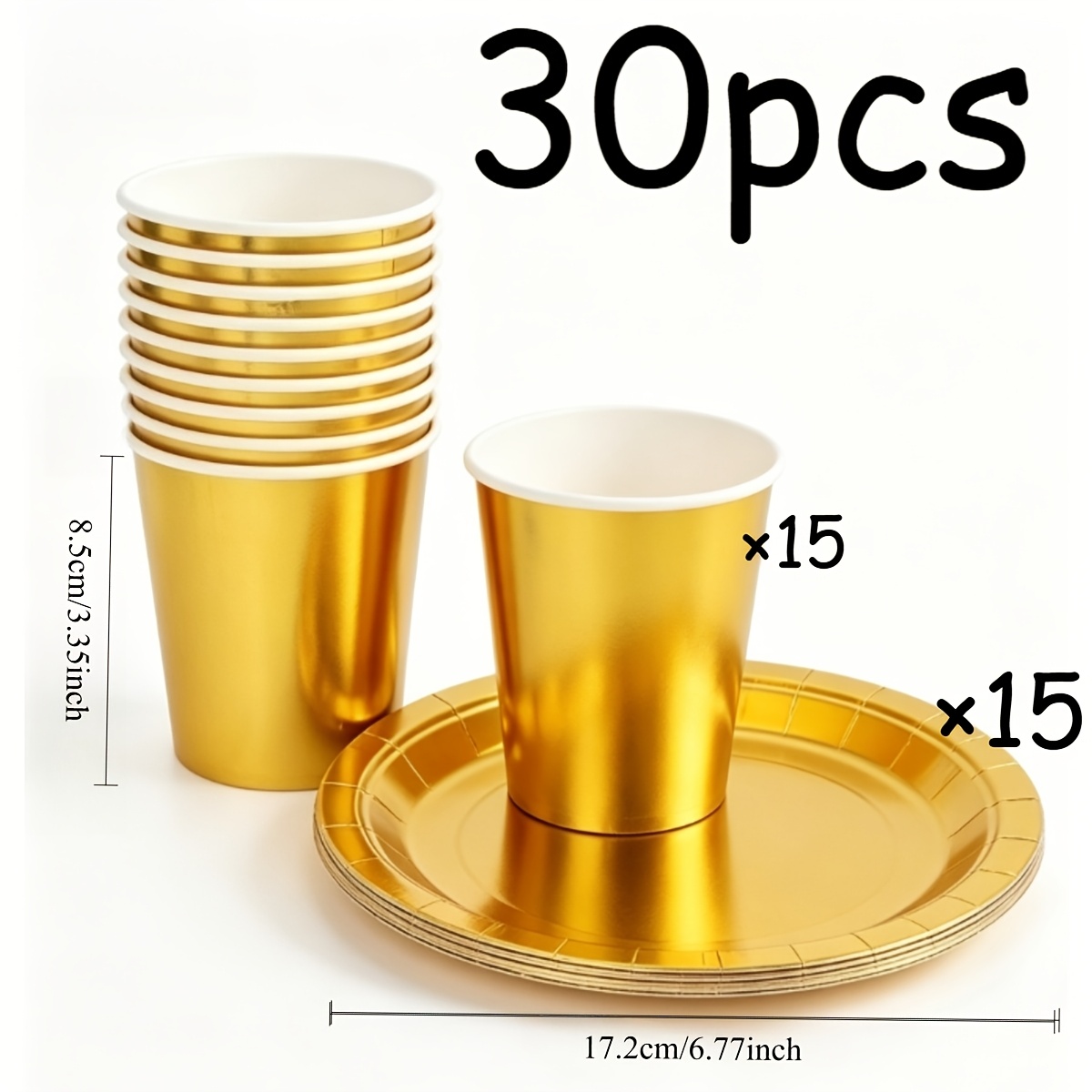 30pcs Golden Paper Cup Plate Set Suitable For Themed Birthdays, Weddings, Desserts, Cakes, Tableware, Plates