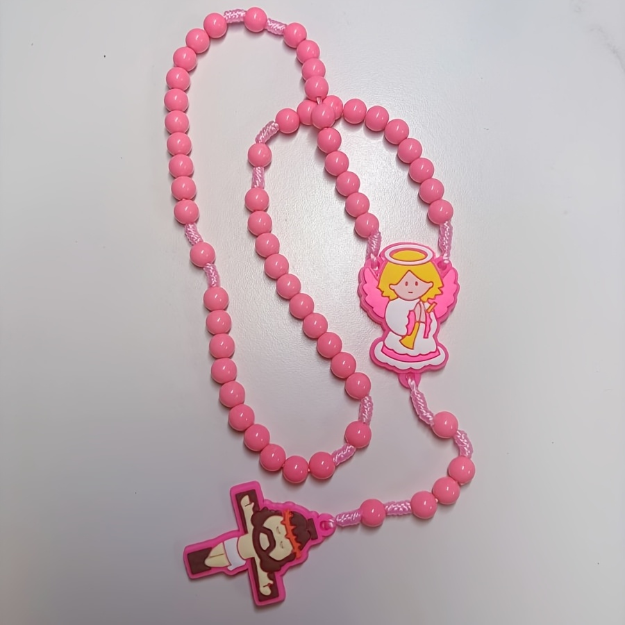 Pink Prayer Beads with Simple Rosary Cross Pendant, Gift