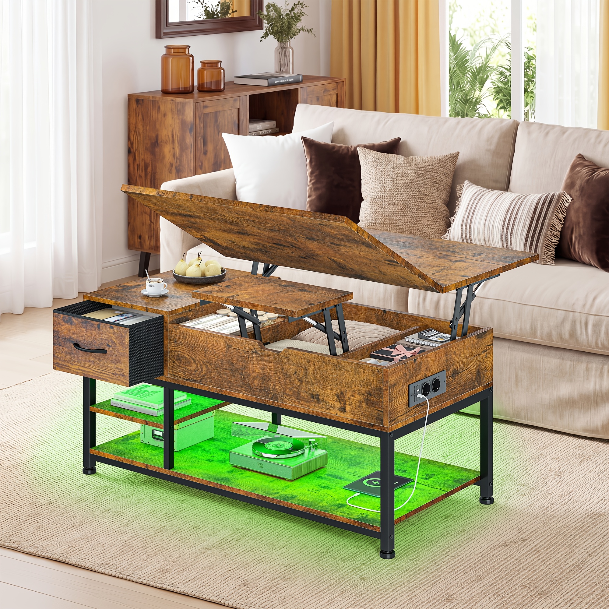 Image of Lifting Coffee Table, Multi-functional Room Table, Pneumatic Lifting With Usb Charging, Storage Coffee Table With Drawers, Led Strip Lights, Adjustable Dining Table For Dual Use.