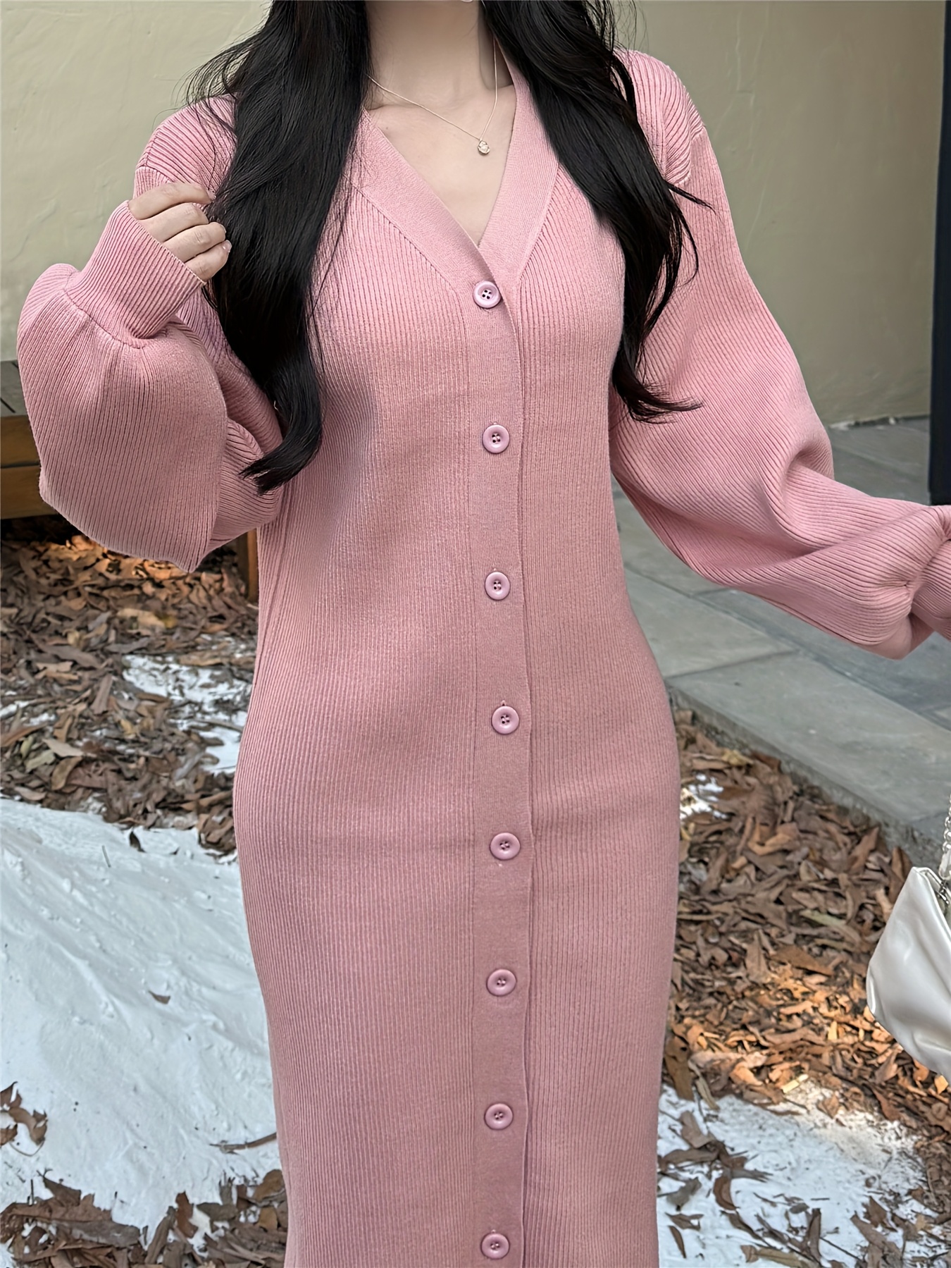 1pc v neck lantern sleeve knit dress long bodycon midi dress - Temu