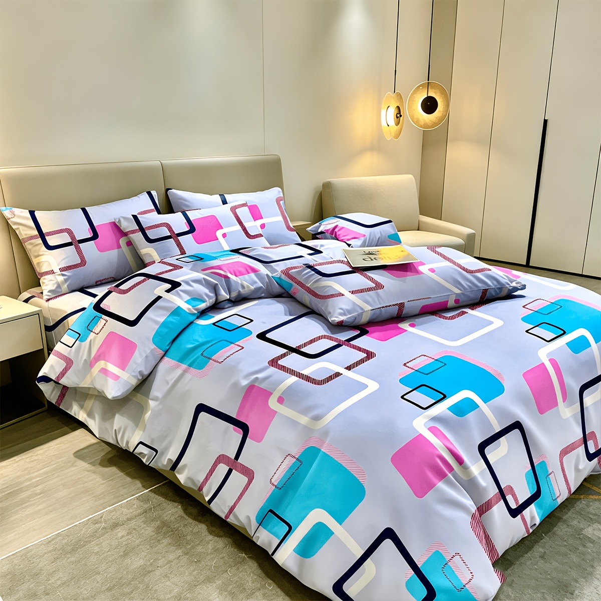 TEMU Parure de lit 3 pièces , tendance, vintage, moderne et légère, motif cubiques / 2 taies d'oreiller / 1 housse de couette / ! Ne aucun