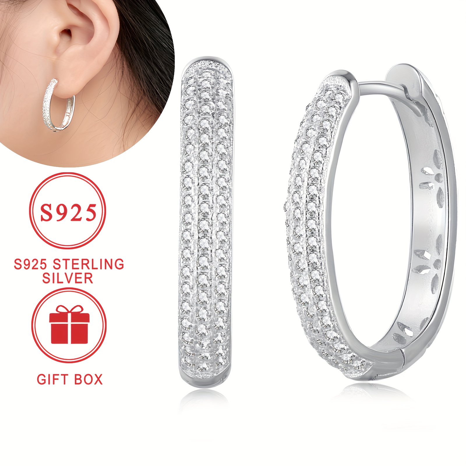 

Elegant S925 Sterling Silver Hoop Earrings For Women, Fashion Circular Ear Jewelry With Half Pave Set Cubic Zirconia, High-quality Trendy Bling Ear Cuffs, Comes With Gift Box, Perfect For Gifting