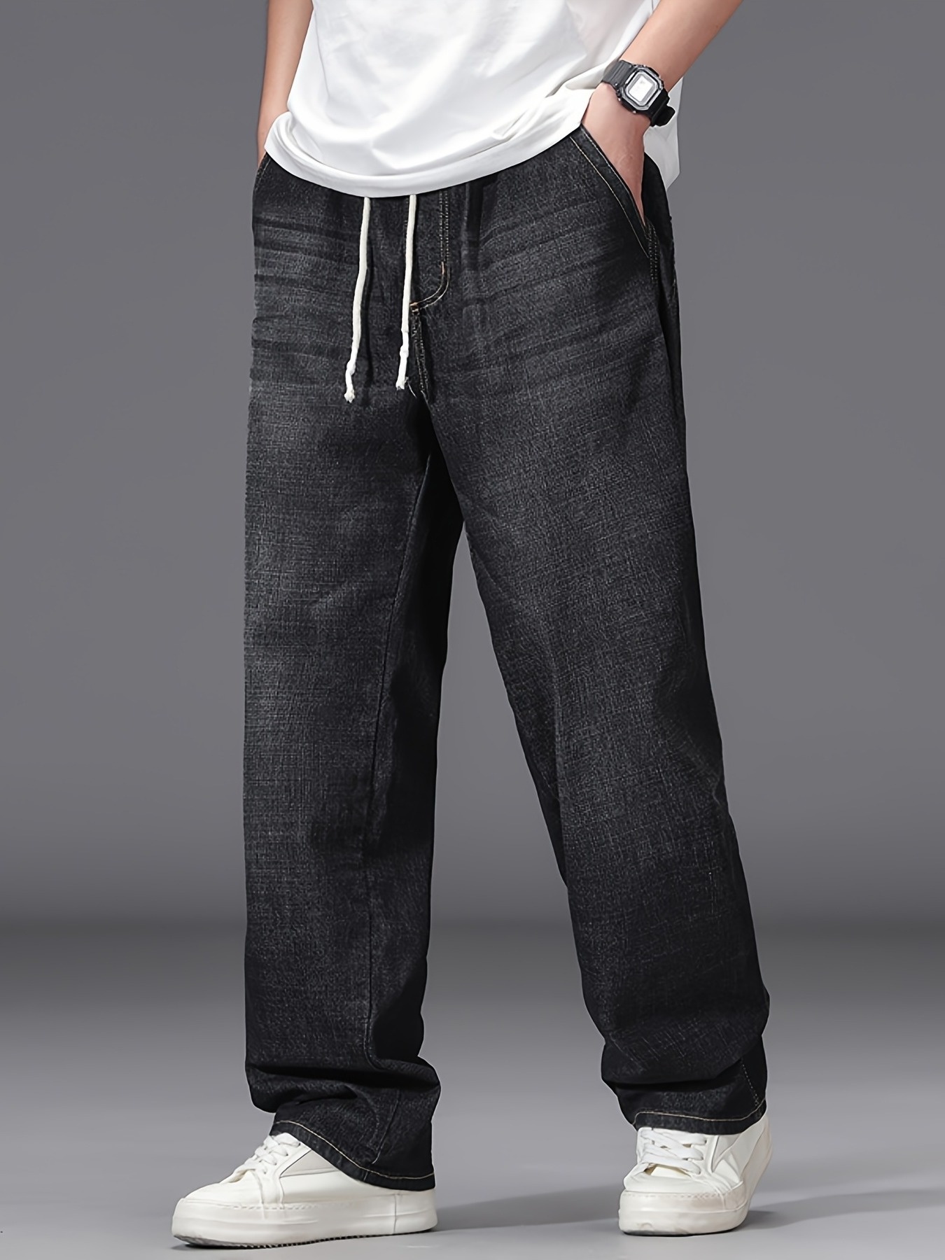 mens plus size light blue loose fit straight leg jeans elastic waist   comfortable and stylish for casual attire casual wear jeans straight leg jeans   plus size jeans plus size 0