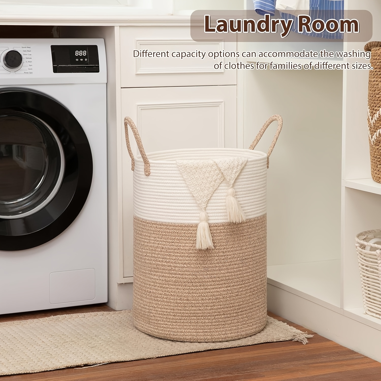 Large Laundry Basket Hamper - 60L Rope Woven Storage Basket for Blankets, Clothes - Tall Decorative Nursery Hamper with Long Handles, Decorative Blanket Basket for Living Room, Laundry Hamper, Nursery Organizer, Beige Rope Basket, Shelf Baskets