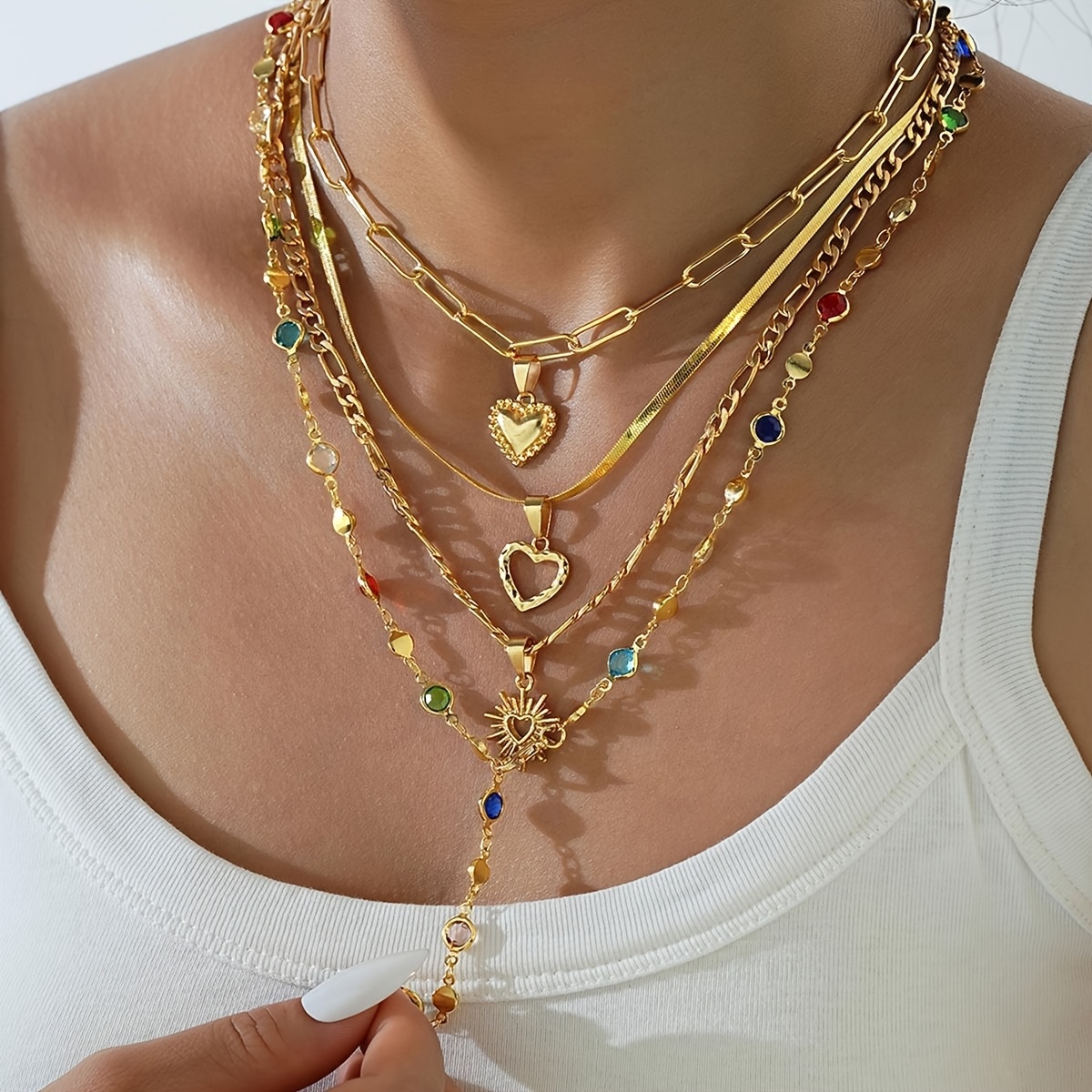 Image of 4pcs Snake Chain Necklace For Women With Heart Pendant, Unique Layered Long Tassel Sweater Chain For Autumn And Winter