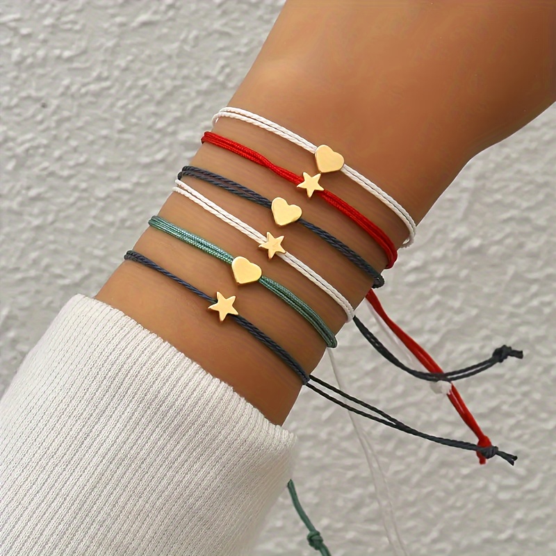 

6 Pcs String Bracelet Set With Love Heart & Star Etc Shape Beads