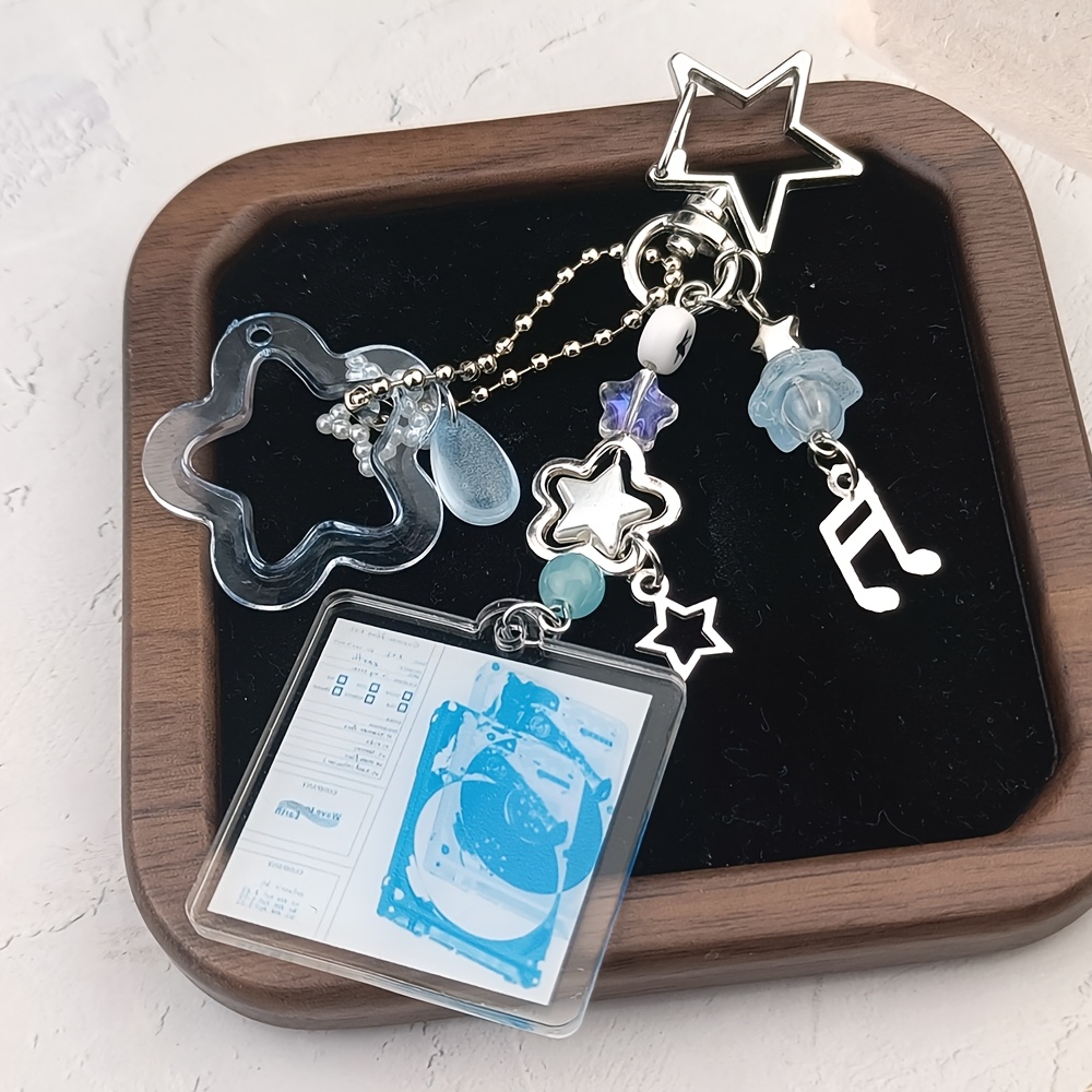 TEMU Porte-clés chaîne de perles acryliques plates 2D style Y2K - Breloque Summer Flow & Wave pour amateur de musique, motif géométrique coloré avec