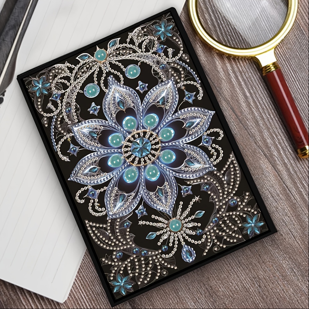 TEMU 1pc Beautiful Floral Theme Diy Painting Notebook Set, Thick Sketchbook With Round And Irregular Crystals, Handmade For Students, Home Use,
