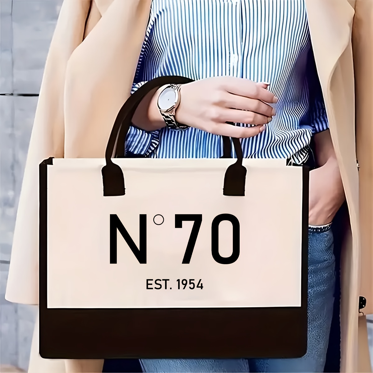 

N°70 Est. 1954 Canvas Tote Bag, Yuanhao 70th Birthday Gift, Color Shopper With Fixed Shoulder Straps, No-closure Design, Random Printing, For Women