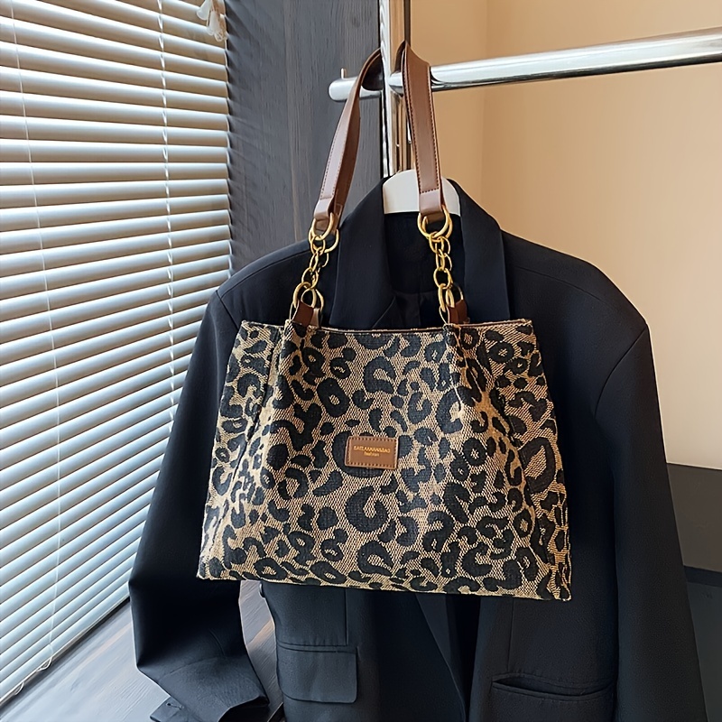 

Chic Vintage Leopard Print Canvas Tote Bag For Women - Casual Shoulder Handbag With Dual Handles, Ideal For Commuting & Fashionable , For Spring