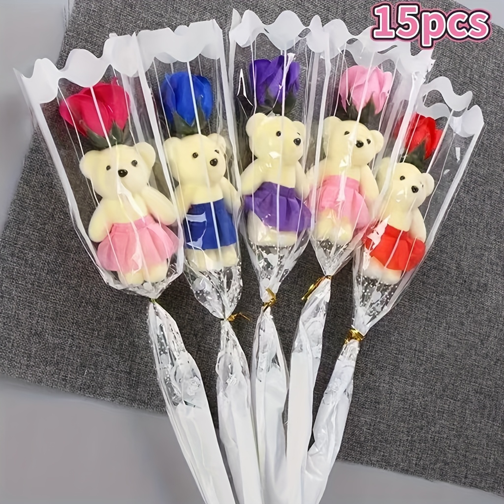 Image of A Bouquet Of 15 Mixed Color Artificial Roses With A Plush Bear - Perfect For Birthdays, Anniversaries, Weddings, Home Decor, Romantic Gifts, And Special Occasions