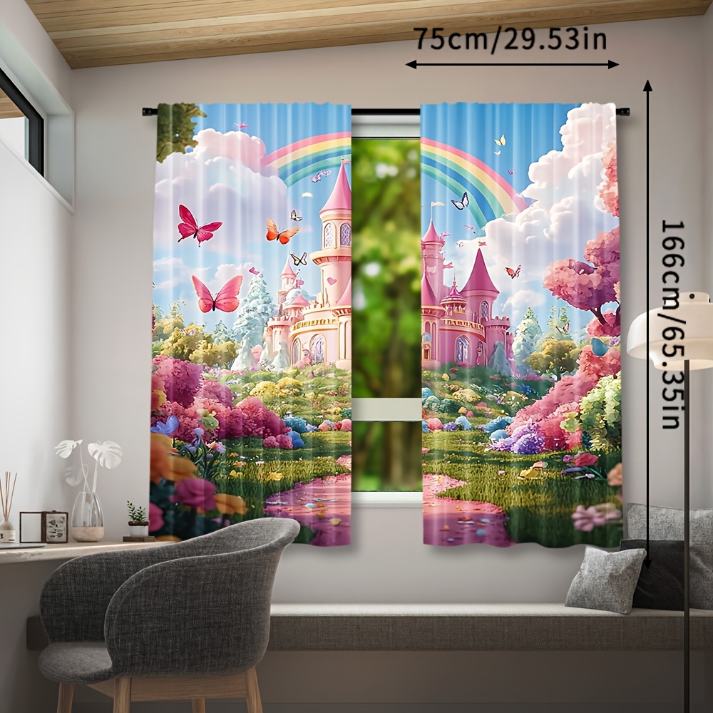 TEMU Set Of 2, Vibrant Princess Castle Themed Curtains For A Fairy Tale Ambiance, Perfect For Decorating Windows In A Woman's Bedroom Or Living Room