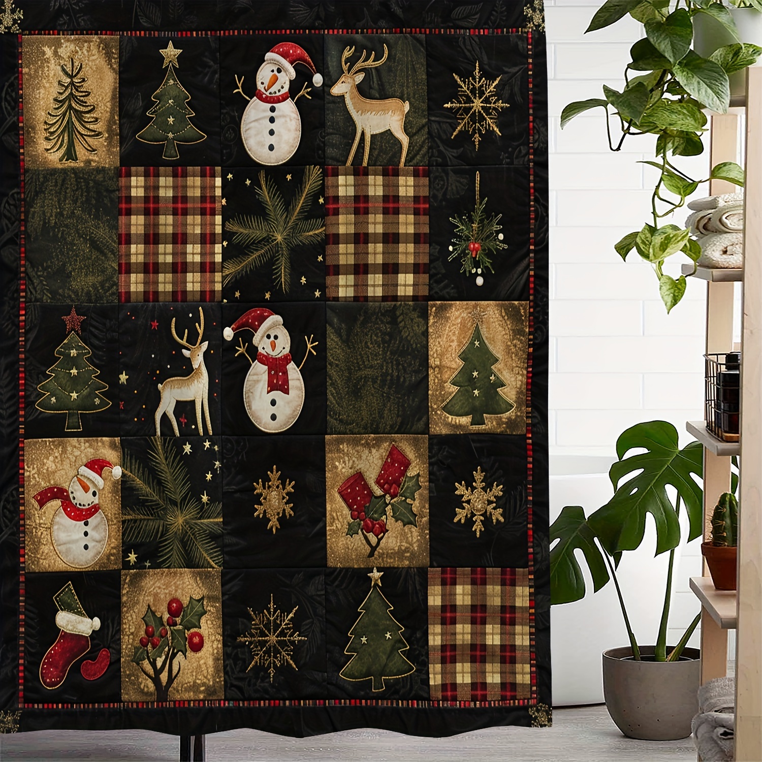 

Vintage Christmas Quilted Snowman Reindeer Stocking Print Waterproof Shower Curtain With 12 Hooks, Machine Washable, Water-resistant Polyester Fabric, Artistic Weave Design Bathroom Accessory