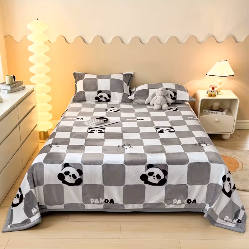 plush flannel throw blanket coral fleece gray checkered design with adorable panda patterns warm comfortable for couch bed or sofa machine washable use Product details 1