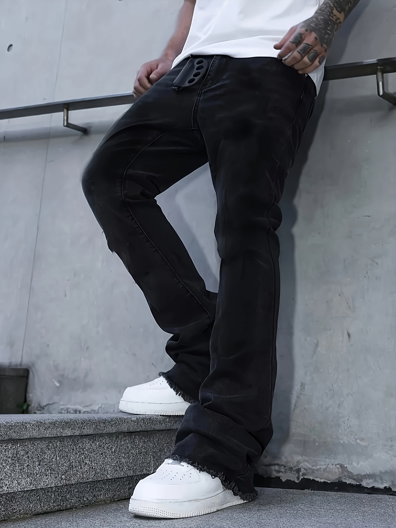 mens black washed flare jeans distressed   hem stacked denim pants     fit trousers   durable machine hand washable casual punk style pants for streetwear daily