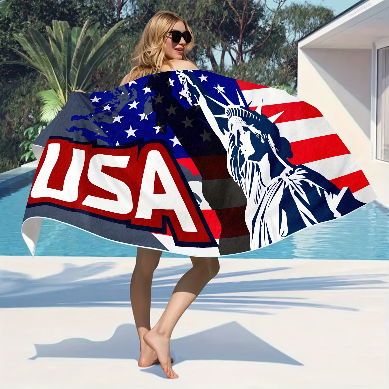 

4th Of July Microfiber Beach Towel - Absorbent Knit Weave Lady Patriotic Pattern, Machine Washable, Lightweight Usa Flag Design Towel For Beach And Pool Parties - 280gsm, 1pc