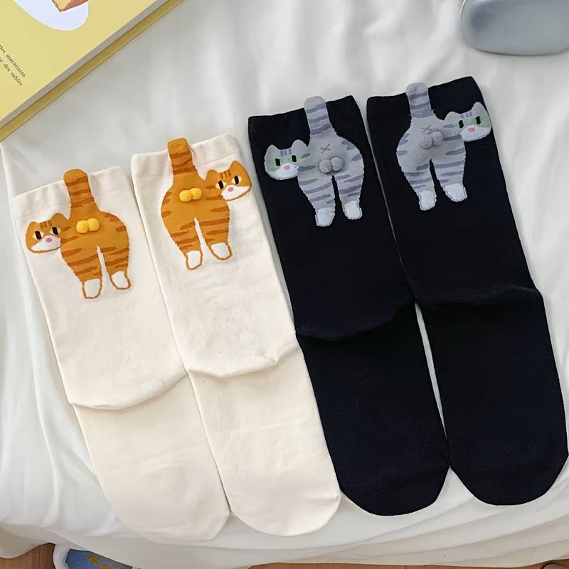 Lot De 3 Paires De Chaussettes Chat Avec Pompons – Coton Confortable, Design Mignon – Pour Femme