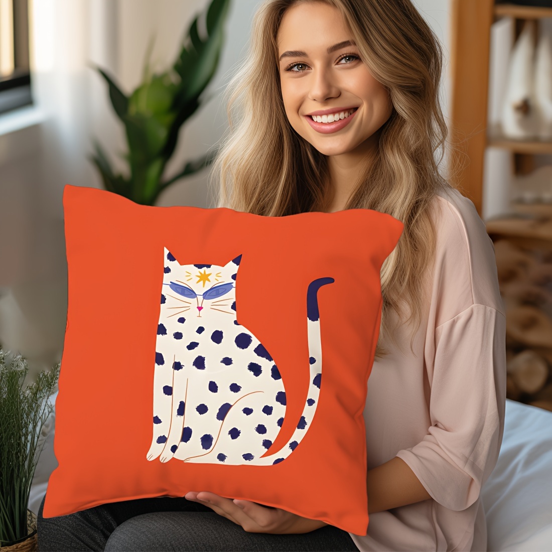 

1pc, Abstract White Cat Design Orange Throw Pillow Cover 17.7x17.7 Inches, Peach Skin Velvet Decorative Case For Sofa, Car, Bedroom, Contemporary Style, No Insert, Single-sided Print Home Decor