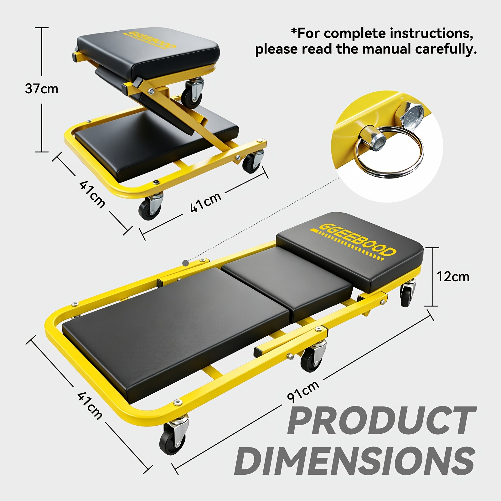 36 inch 2 in 1 foldable mechanic creeper rolling stool 150 kg capacity heavy duty yellow black car repair seat with swivel wheels leather padded garage workshop auto maintenance tool