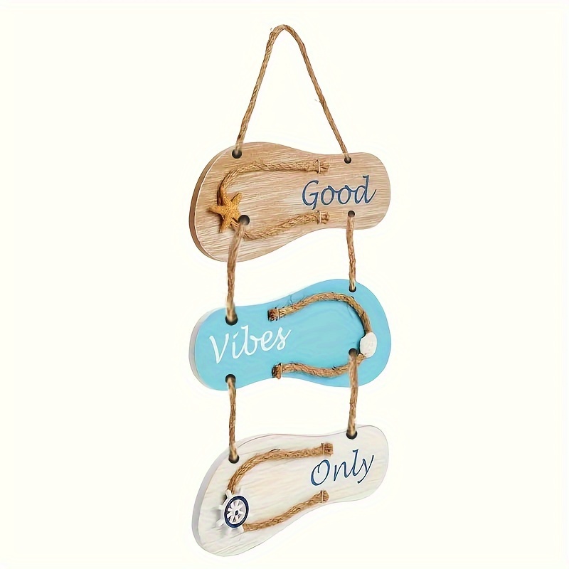 TEMU 1pc Rustic Wooden Beach Flip Flop Wall Decor, Nautical Style Hanging Sign With Rope, Beach-themed Decorative Plaque For Home & Vacation Room, 16 X 8.6 Inches, Weathered Look With Seashell Accents